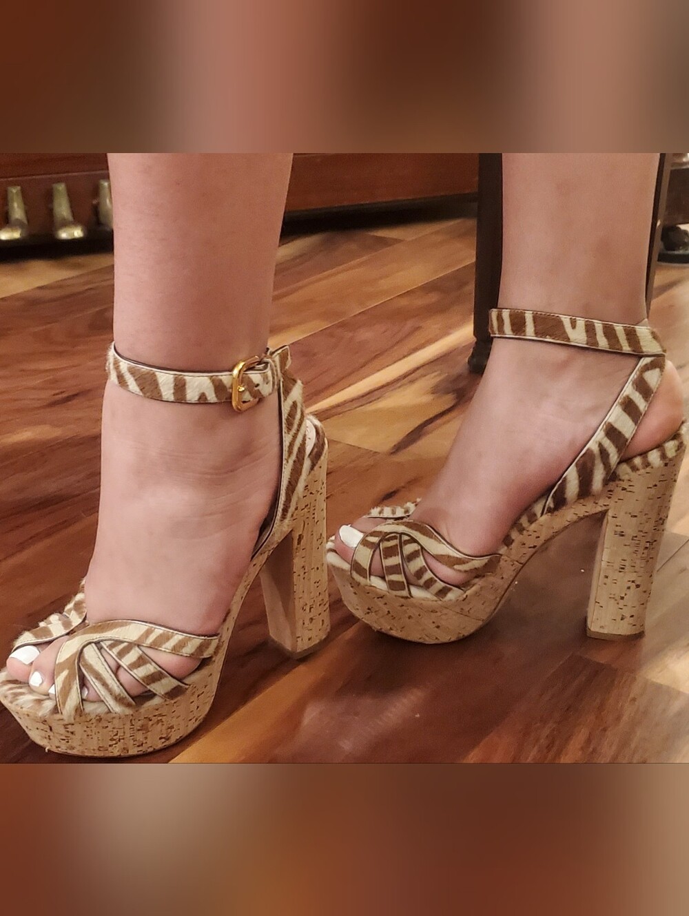 Prada Animal Print Tan and White Striped Cork Platform Sandals